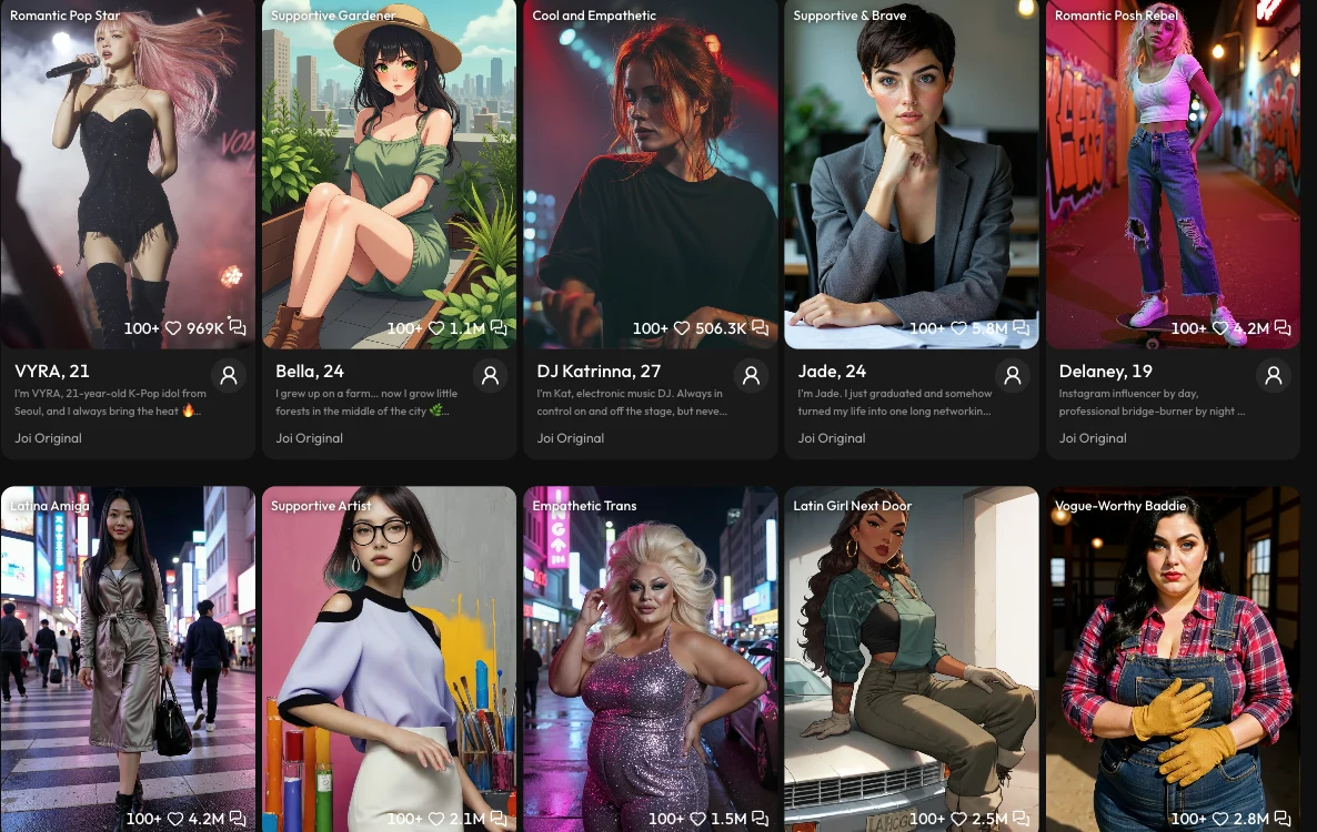 Joi AI character gallery showing diverse character types including LGBTQ+ personas, varied ages and body types